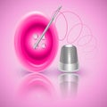 Vector isolated button for clothes, thimble, needle and thread on a pink background. Realistic vector illustration Royalty Free Stock Photo